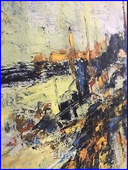 Mid Century Oil On Board Abstract Cityscape Signed Painting 1970s Art Vintage