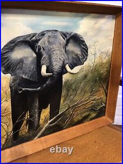 Mid Century Oil On Board Elephant David Shepherd Signed Vintage Art Painting