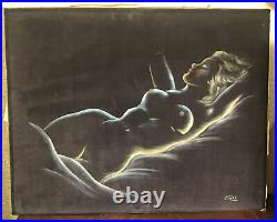Mid Century Vintage Black Velvet Painting Reclining Nude Woman Unframed 22x28