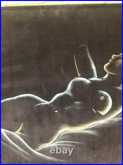 Mid Century Vintage Black Velvet Painting Reclining Nude Woman Unframed 22x28