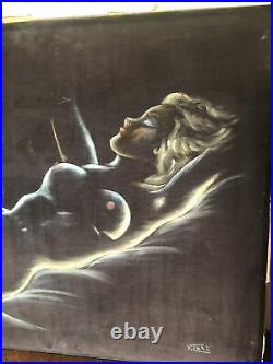 Mid Century Vintage Black Velvet Painting Reclining Nude Woman Unframed 22x28