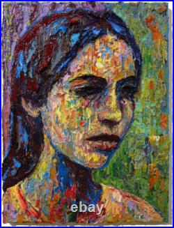 Modern Woman Girl Art Signed Female Oil Painting Abstract Portrait Vintage Deco