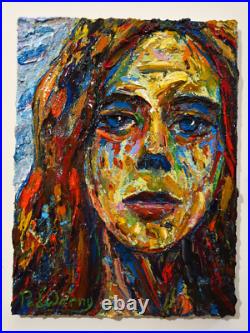 Modern Woman Girl Art Signed Female Oil Painting Abstract Portrait Vintage Deco