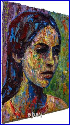 Modern Woman Girl Art Signed Female Oil Painting Abstract Portrait Vintage Deco