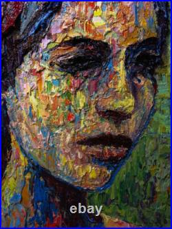 Modern Woman Girl Art Signed Female Oil Painting Abstract Portrait Vintage Deco