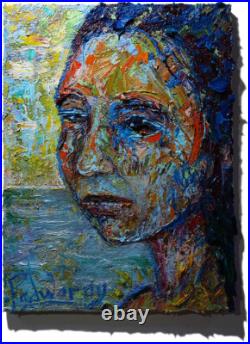 Modern Woman Girl Art Signed Female Oil Painting Abstract Portrait Vintage Deco