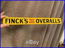 NOS Finck's Overalls Painted Tin Advertising Sign Denim Rare Jeans Red Bar