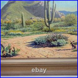 Neal Butcher Signed 43x26 Desert Mountain Scene Saguaro Oil Painting Framed Vtg