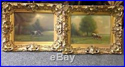 OIL CANVAS Artist Signed K. Durant Painting Gilded Framed Cows Pair Farm Antique