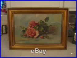 OMG Beautiful Vintage Ornate Gold Framed Oil Painting Of Pink Roses Signed