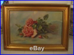 OMG Beautiful Vintage Ornate Gold Framed Oil Painting Of Pink Roses Signed