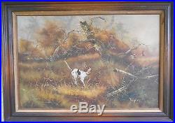 Original Signed Vintage Dog Hunting Quail Landscape Oil Painting