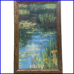 Oil Painting Artist Board Water lilies 30X47Signed Rowan Framed Vtg Ornate