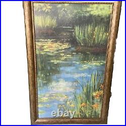 Oil Painting Artist Board Water lilies 30X47Signed Rowan Framed Vtg Ornate