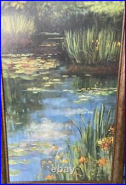 Oil Painting Artist Board Water lilies 30X47Signed Rowan Framed Vtg Ornate