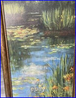 Oil Painting Artist Board Water lilies 30X47Signed Rowan Framed Vtg Ornate