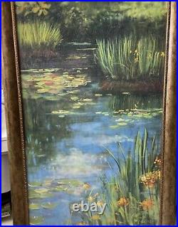 Oil Painting Artist Board Water lilies 30X47Signed Rowan Framed Vtg Ornate