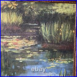 Oil Painting Artist Board Water lilies 30X47Signed Rowan Framed Vtg Ornate