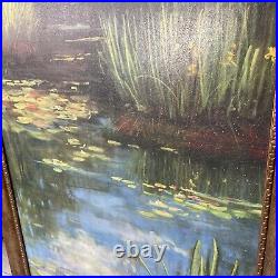 Oil Painting Artist Board Water lilies 30X47Signed Rowan Framed Vtg Ornate