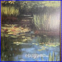 Oil Painting Artist Board Water lilies 30X47Signed Rowan Framed Vtg Ornate