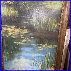 Oil Painting Artist Board Water lilies 30X47Signed Rowan Framed Vtg Ornate