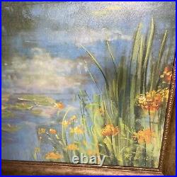 Oil Painting Artist Board Water lilies 30X47Signed Rowan Framed Vtg Ornate