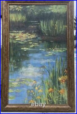 Oil Painting Artist Board Water lilies 30X47Signed Rowan Framed Vtg Ornate