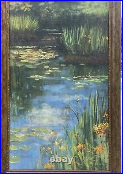 Oil Painting Artist Board Water lilies 30X47Signed Rowan Framed Vtg Ornate