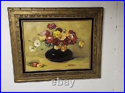 Oil Painting Flowers In Vase Framed Canvas 27 x 33 Stil Life Signed Raddatz Vtg