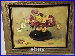 Oil Painting Flowers In Vase Framed Canvas 27 x 33 Stil Life Signed Raddatz Vtg