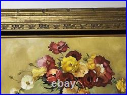 Oil Painting Flowers In Vase Framed Canvas 27 x 33 Stil Life Signed Raddatz Vtg