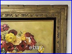 Oil Painting Flowers In Vase Framed Canvas 27 x 33 Stil Life Signed Raddatz Vtg