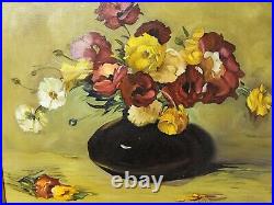 Oil Painting Flowers In Vase Framed Canvas 27 x 33 Stil Life Signed Raddatz Vtg