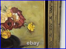 Oil Painting Flowers In Vase Framed Canvas 27 x 33 Stil Life Signed Raddatz Vtg
