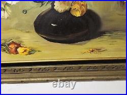 Oil Painting Flowers In Vase Framed Canvas 27 x 33 Stil Life Signed Raddatz Vtg