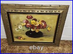 Oil Painting Flowers In Vase Framed Canvas 27 x 33 Stil Life Signed Raddatz Vtg