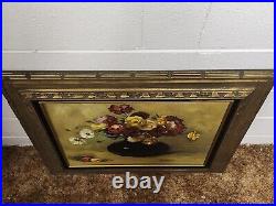 Oil Painting Flowers In Vase Framed Canvas 27 x 33 Stil Life Signed Raddatz Vtg