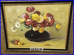 Oil Painting Flowers In Vase Framed Canvas 27 x 33 Stil Life Signed Raddatz Vtg