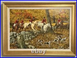 Oil Painting of Fox Hunt Scene Framed 42 x 30 artist signed Adam-Vintage