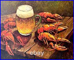 Oil painting art vintage still life old wall decor rare collection beer crayfish