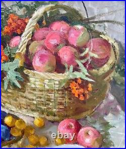 Oil painting art vintage still life wall decor gift home peach plum apples Rowan