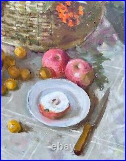 Oil painting art vintage still life wall decor gift home peach plum apples Rowan
