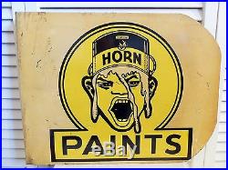 Old Paint Sign Unusual 1930s Vintage White Horn Weird Art Deco 2 Sided Flange