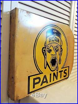 Old Unusual 1930s Vintage Paint Sign White Horn Paints Business 2 Sided Flange