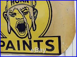 Old Unusual 1930s Vintage Paint Sign White Horn Weird Art Deco 2 Sided Flange