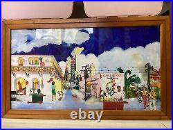 Old Vtg 1966 Folk Art Mexico Painting Mexican Street Watercolor Signed Powell