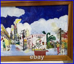 Old Vtg 1966 Folk Art Mexico Painting Mexican Street Watercolor Signed Powell