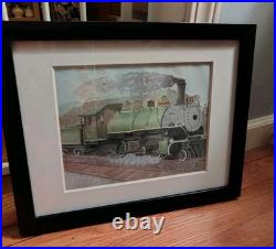 Orig Vtg Hand Painted Watercolor Train Art Signed Boys Room Decor Prof Frm & Mat