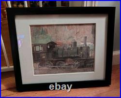 Orig Vtg Hand Painted Watercolor Train Art Signed Boys Room Decor Prof Frm & Mat