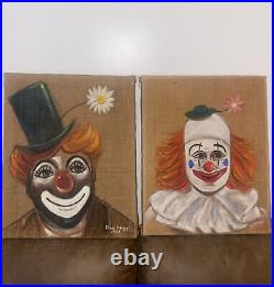 Origal Burlap Clown Paintings- Signed STL Native Elda Naggi 1960's VTG Pair Of 2